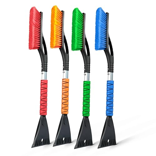 EcoNour 27" Aluminum Snow Brush 4 Pack with Ice Scrapers for Car Windshield and Window | Car Snow Scraper and Brush with Ergonomic Foam Grip Winter Accessories (Orange, Pink, Green, Blue) - color: Orange, Pink, Green, Blue, size: 27"