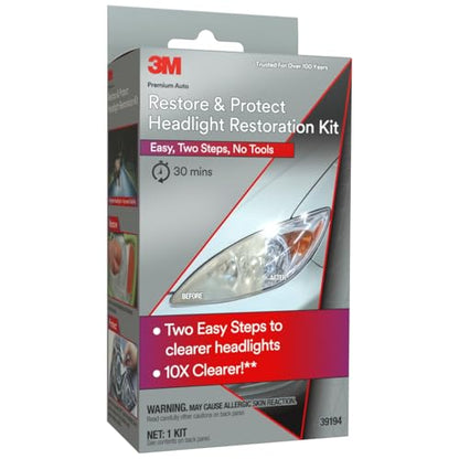 3M Auto Restore and Protect Headlight Restoration Kit, Use On Plastic Lenses, Headlights, Taillight, Fog Lights and More, Includes Sanding Discs, Headlight Clear Coat Wipes, Foam Pad and Glove (39194) - size: 1 Kit