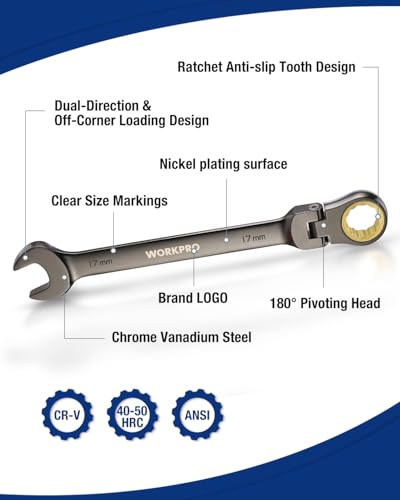 WORKPRO 8-piece Flex-Head Ratcheting Combination Wrench Set, Metric 9-17 mm, 72-Teeth, Cr-V Constructed, Nickel Plating with Organization Bag - size: Metric, style: Nickel Plating