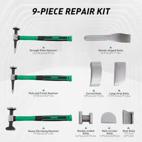 9PCS Auto Body Repair Kit, Hand Car Auto Body Work Hammer Fender Tool, Dent Crowbar Metal Repair Kit Fender Carbon Steel Dolly and Hammer Dolly Set with Carrying Case