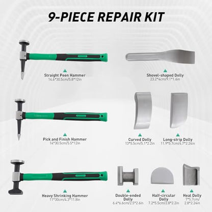 9PCS Auto Body Repair Kit, Hand Car Auto Body Work Hammer Fender Tool, Dent Crowbar Metal Repair Kit Fender Carbon Steel Dolly and Hammer Dolly Set with Carrying Case