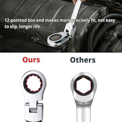 Flex Head Ratcheting Wrench Set, 14-Piece Metric Ratchet Wrenches Set 6-19mm, 72-Tooth CR-V Steel Combination Wrench Set with Roll Up Pouch, Ideal for Automotive Repair - size: 14-pcs + Red Pouch