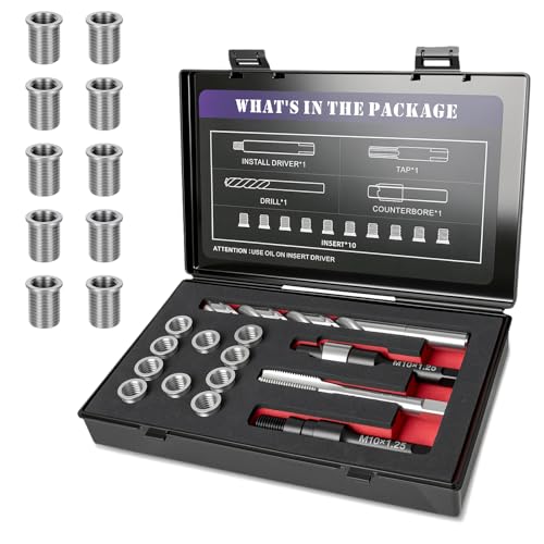 M10x1.25x16.2MM Thread Repair Kit with Insert HSS Drill, Tap, Counterbore, Installation Driver, Metric, 10PCS Stainless Steel Insert M10x1.25x16.2MM