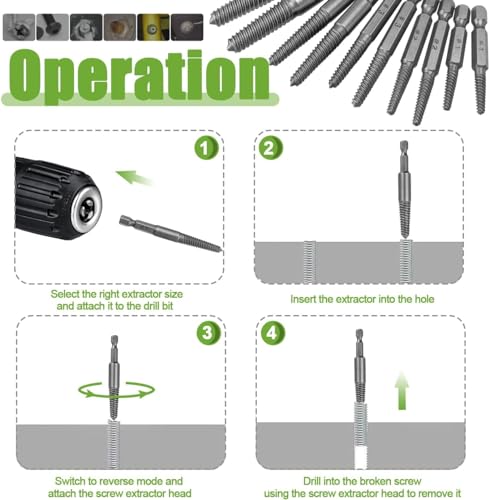 10 Piece Screw Extractor Set High-Speed Steel Easy Out Broken Bolt Removal Kit Damaged and Stripped Screws Remover Water Pipe Screw and Spiral Removing Tool with 1/4" Hex Shank