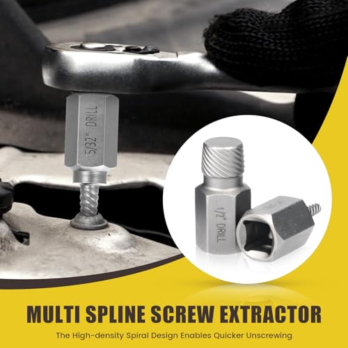 15 PCS Screw Extractor Set with 3/8" Inch Drive, Hex Head Multi-Spline Easy Out Allen Screw Extractor Kit Stripped Bolt Removal Tool for Removing Broken Rounded Rusted Bolts Screws Nuts(Yellow)