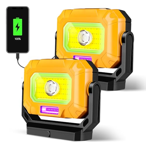2Pack Magnetic Work Light, 1200LM COB LED Rechargeable | 15 Lighting Modes, 360° Rotatable Flood Lights, Car Repairing, Job Site Lighting, Emergency Outdoor Camping Hiking - color: yellow-2