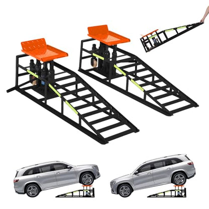 Heavy Duty Hydraulic Car Ramps 2 Pack, 5 Ton Capacity 9-15 Inch Lift for Cars SUVs Trucks with Rolling Wheels & Reflective Strips for Oil Changes Tire Rotations - color: Orange With Rolling Wheels