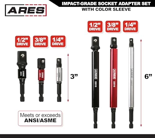 ARES 22013-6-Piece 3-Inch and 6-Inch Impact Grade Socket Adapter Set with Color Sleeve - Turns Impact Drill Drivers into High Speed Socket Drivers - 1/4-Inch, 3/8-Inch, and 1/2-Inch Drive - size: 3-Inch and 6-Inch Socket Adapter with Color Sleeve