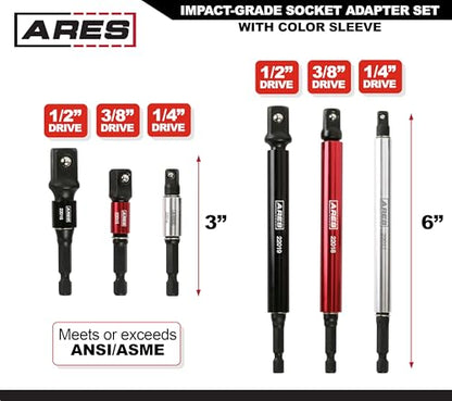 ARES 22013-6-Piece 3-Inch and 6-Inch Impact Grade Socket Adapter Set with Color Sleeve - Turns Impact Drill Drivers into High Speed Socket Drivers - 1/4-Inch, 3/8-Inch, and 1/2-Inch Drive - size: 3-Inch and 6-Inch Socket Adapter with Color Sleeve
