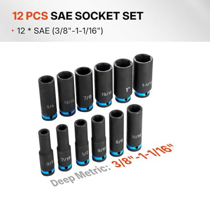 BLACK CANYON 12-Piece 1/2" Drive Deep Impact Socket Set, SAE 6-Point Sockets, Cr-Mo Impact Grade Steel, Heavy-Duty Storage Case for Automotive, Truck & Equipment Repair - size: 12 Piece