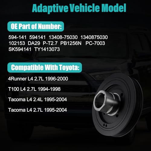 AULINK 594-141 1340875030 Harmonic Balancer Crankshaft Pulley 2.4L/2.7L L4 | For Toyota 4Runner 2.7L L4 1996-2000,T100 2.7L L4 1994-1998,Tacoma 2.4L/2.7L L4 1995-2004,Replaces 594141