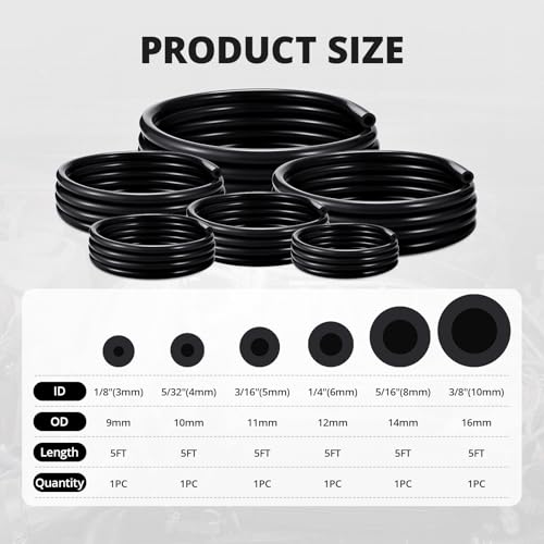 EVIL ENERGY 1/8 5/32 3/16 1/4 5/16 3/8 Silicone Vacuum Tubing Hose Line Kit 5FT 130PSI Max Pressure Black (3mm 4mm 5mm 6mm 8mm 10mm) - size: 5FT