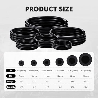 EVIL ENERGY 1/8 5/32 3/16 1/4 5/16 3/8 Silicone Vacuum Tubing Hose Line Kit 5FT 130PSI Max Pressure Black (3mm 4mm 5mm 6mm 8mm 10mm) - size: 5FT