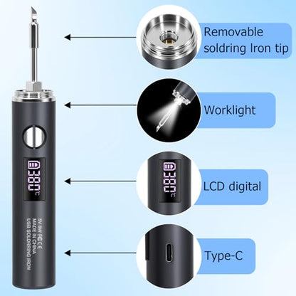 Cordless Soldering Iron, 10-Piece Kit 1400mAh Rechargeable Soldering Iron, 7 Seconds Fast Heating 500°F-788℉, Adjustable Temperature with LED Light for Electric Repairs & DIY Projects
