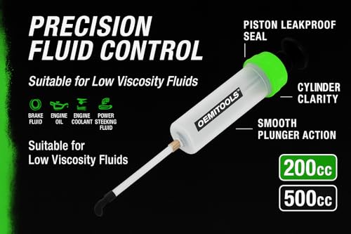 OEMTOOLS 200cc Small Fluid Extractor and Filler Pump – Precision Vacuum Pump for Brake Fluid, Power Steering, Coolant, and Small Oil Jobs – Dual-Scale Cylinder, Extension Tubes, Serviceable Design - style: 200cc