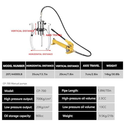 Separate Hydraulic Gear Puller, 5/10/15/20/30/50 Tons, with Hand Pump, for Separating Tools in Confined Spaces, 2 or 3 Jaws, Vertical and Horizontal(20T) - size: 20T