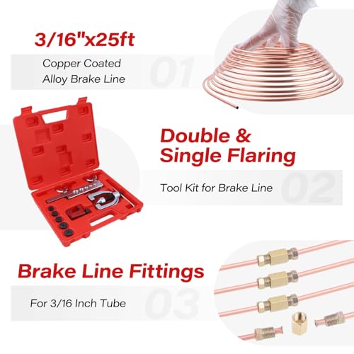 25 ft 3/16'' Copper Coated Brake Line Kit (Includes 16 Fittings and 4 Unions Brake Line Fittings) + Double & Single Flaring Tool Kit for Automotive, Fuel,Hydraulic Systems