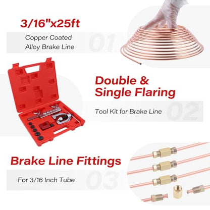 25 ft 3/16'' Copper Coated Brake Line Kit (Includes 16 Fittings and 4 Unions Brake Line Fittings) + Double & Single Flaring Tool Kit for Automotive, Fuel,Hydraulic Systems