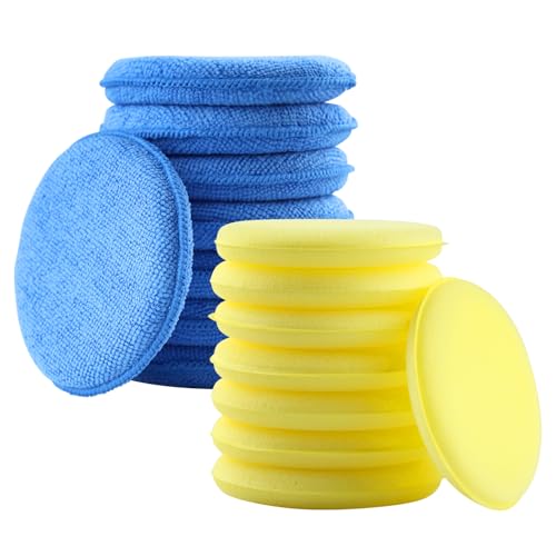 Microfiber Wax Applicator Pads, 16 PCS Car Wax Applicator Pad, Round Foam Applicator Pads, Polishing Sponges Applicator for Car Detail Polishing, Buffing, and Cleaning (5" Blue, 4" Yellow)
