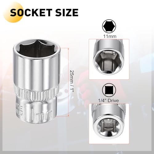 HARFINGTON Deep 6-Point Impact Socket 1/4" Drive 11mm Metric Socket 25mm (1") Long with 1/4" Hex Shank Adapter, CR-V Steel Socket Adapter Accessory Tool Set Kit for Hex Bolts Nuts - size: 11mm x 25mm