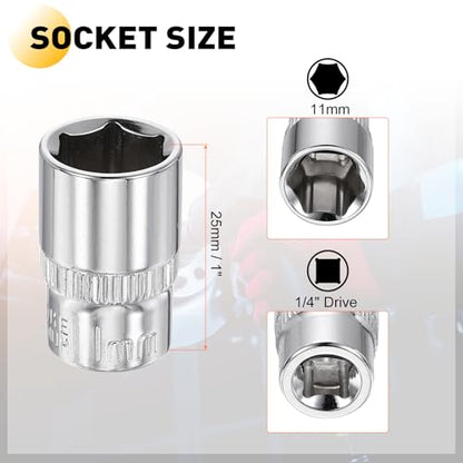 HARFINGTON Deep 6-Point Impact Socket 1/4" Drive 11mm Metric Socket 25mm (1") Long with 1/4" Hex Shank Adapter, CR-V Steel Socket Adapter Accessory Tool Set Kit for Hex Bolts Nuts - size: 11mm x 25mm