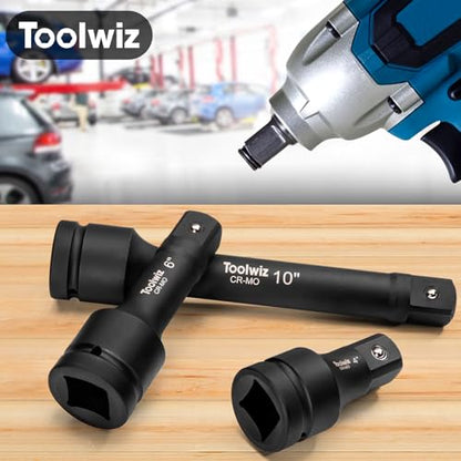 Toolwiz 1" Drive Impact Extension Bar 4", 6", 10" (3 Piece) Cr-Mo Steel | 1" Socket Extension Set, Black, Locking Pin, PVC Box Organized, for Mechanical Equipment Repair, Use with Air Impact Wrenches - size: 1" Drive (4", 6", 10")