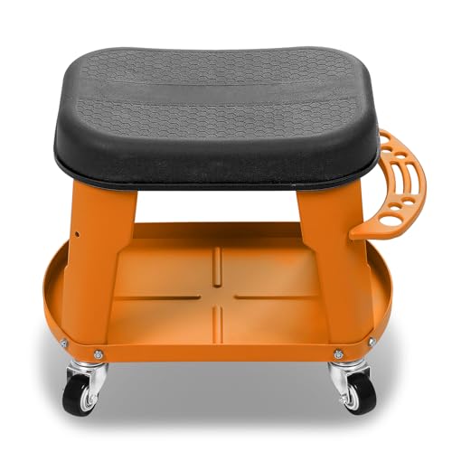 Auto Dynasty Mechanic Roller Stool, 300 LBS Capacity Rolling Creeper Garage Shop Seat with Tool Tray, Heavy Duty Mechanic Roll Repair Chair for Workshop Household Home Warehouse Office, Orange