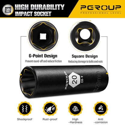 3/8” Drive Deep Impact Socket, Metric(20mm socket), 6-Point, Cr-V Steel With Black Manganese Phosphate Coating - size: 20 mm
