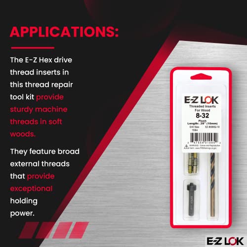 E-Z Hex Thread Repair Kit for Soft Wood Flush Threaded Inserts 8-32 x 10mm, Drill, Installation Tool - size: 8-32 x 10mm, style: Flush