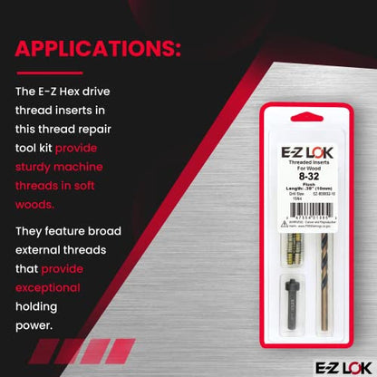 E-Z Hex Thread Repair Kit for Soft Wood Flush Threaded Inserts 8-32 x 10mm, Drill, Installation Tool - size: 8-32 x 10mm, style: Flush