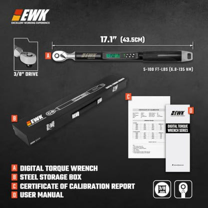 EWK 3/8" Drive Digital Angle Torque Wrench 5-100 ft-lbs (6.8-135 Nm) | ISO 6789, ±1.5% clockwise / ±2.5% counterclockwise/ ±2% Angle, LCD Display, LED Buzzer Vibration Alert, 30 Memory Values