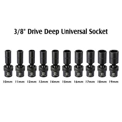 MIXPOWER 10-piece 3/8" Drive Deep Universal Impact Socket Set, 6 Point, Metric, 10-19 mm, Swivel Socket with Flexible Wobble, CR-MO Impact Grade… - size: 10 Pcs Metric 3/8'' Dr. (Deep)