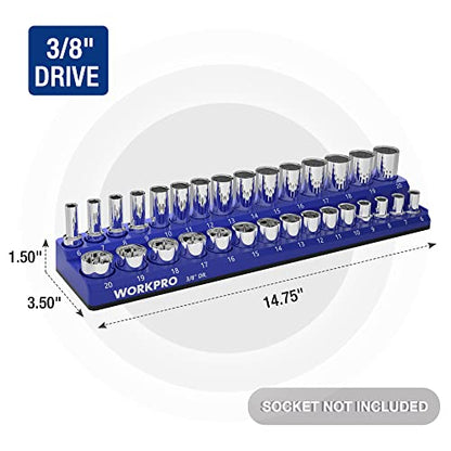 WORKPRO Magnetic Socket Organizer, 3/8-Inch Metric Socket Holder | Hold 30-Piece Sockets, Suitable for Standard and Deep Socket, Magnetic Base, No Scratches Installation, Sockets not Included - size: 3/8" DR - Metric