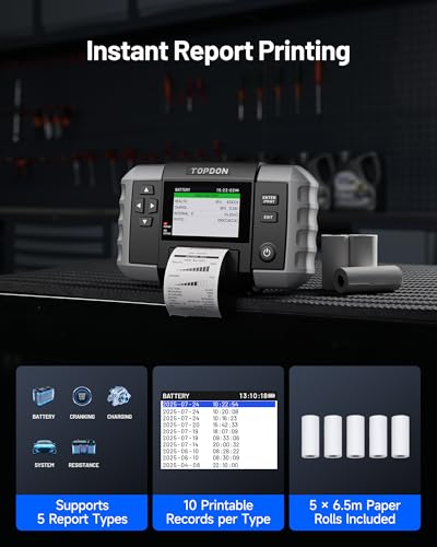 TOPDON BT600 Plus Car Battery Tester, Battery Alternator for 6V/12V/24V Battery Tests, 12V/24V Cranking/Charging/System Testing, 3.5" Screen with Built-in Printer