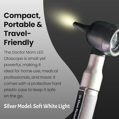 4th Generation Doctor Mom LED Pocket Pro Otoscope with Both Adult and Pediatric Disposable Specula Tips, Battery, and Protective Hard Plastic Case - color: Silver