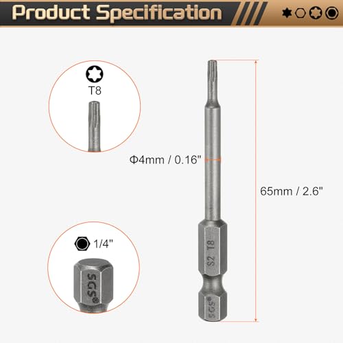 HARFINGTON 3pcs T8 Torx Head Screwdriver Bit 1/4" Hex Shank 2.6" (65mm) Long Magnetic No Hole Tip Tamper Proof 6 Point Star Screw Driver Drill Bits S2 Steel Industrial Power Screwdrivers - size: T8 x 2.6"(65mm)