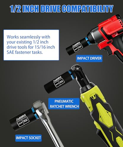 15/16in (23.81mm) Impact Socket 1/2" Drive CR-MO Steel 6-Pt | CR-MO steel impact socket set. 1/2" drive, 6-point design. Deep reach for lug nuts & axle nuts. - size: 15/16in (23.81mm SAE)