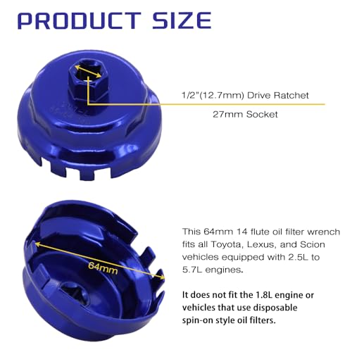 A ABIGAIL Heavy Duty Oil Filter Wrench for Toyota Oil Filter Tool Oil Filter Cap Wrench Removal Tool 64mm 1/2" Drive for Lexus, Camry, 4 Runner, Tundra 2.5-5.7L Engine
