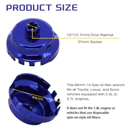 A ABIGAIL Heavy Duty Oil Filter Wrench for Toyota Oil Filter Tool Oil Filter Cap Wrench Removal Tool 64mm 1/2" Drive for Lexus, Camry, 4 Runner, Tundra 2.5-5.7L Engine