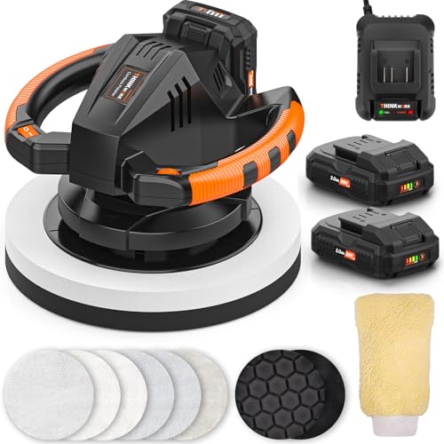 THINKWORK Buffer Polisher, 20V Cordless Buffer Polisher, 10 Inch Portable Polishing Machine Kit for Car, 2Pcs 2Ah Rechargeable Battery, 6 Variable Speed 1500-3600RPM,Double handle,Ideal for Car Waxing - color: Black