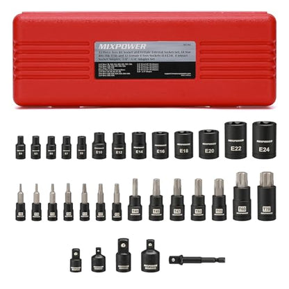 MIXPOWER 32PCS Torx Bit Socket Set, 14 Star Bits (T8-T70)& 13 E-Torx Sockets (E4-E24), CR-V & S2 Alloy Steel - size: T8-T70,E4-E24(32PCS)