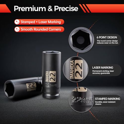 1/2" Drive Deep Large Impact Socket Set, 4-Piece Spindle Axle Nut Metric 6 Point Sockets Set, Metric Sizes(17,19,21,22mm),CO-MO Meterial - size: 1/2 Metric 4Piece