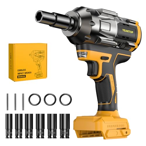 Cordless Impact Wrench 1/2 inch compatible with DeWalt 20V Battery, 900FT-LBS High Torque Brushless Impact Driver with 6 Pcs Sockets & Gift Box, Power Wrenches (Tool Only) - color: Yellow