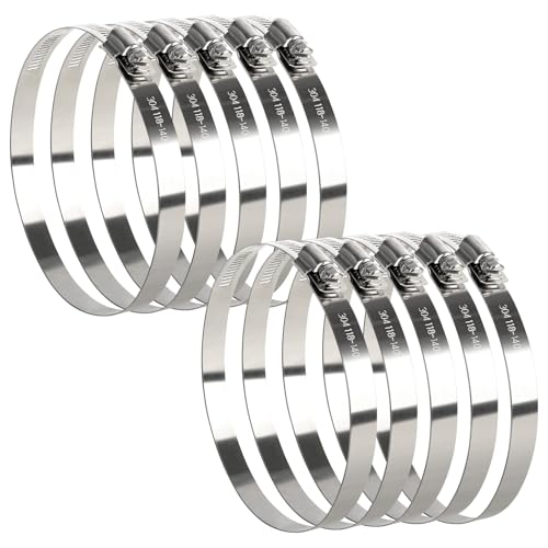 5 Inch Hose Clamp, 10 Pack Stainless Steel Hose Clamps for 4 1/2 to 5 1/2 Inch Hose Pipe, Large Adjustable Worm Gear Duct Clamps Assortment Kit for Automotive, Dryer Vent, Plumbing, Mechanical - color: Metallic 10 Pcs, size: 5"