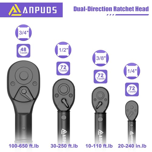 ANPUDS 4PCS Torque Wrench, 1/4 3/8 1/2 3/4-Inch Drive, ±3% Precision | 20-240in.lb,10-110 & 30-250 & 100-650 Ft.lb, Click Torque Wrench Set with Dual Range Scales for Bike, Motorcycle, Car, Truck - size: 20-240inlb+10-110Ft.lb+30-250Ft.lb+100-650Ft.lb