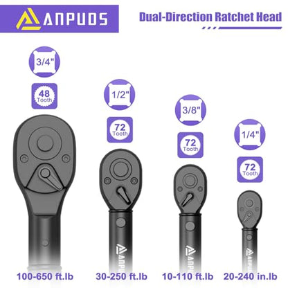 ANPUDS 4PCS Torque Wrench, 1/4 3/8 1/2 3/4-Inch Drive, ±3% Precision | 20-240in.lb,10-110 & 30-250 & 100-650 Ft.lb, Click Torque Wrench Set with Dual Range Scales for Bike, Motorcycle, Car, Truck - size: 20-240inlb+10-110Ft.lb+30-250Ft.lb+100-650Ft.lb