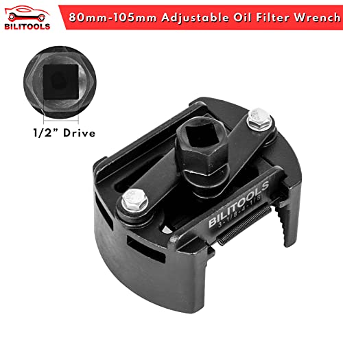 BILITOOLS Universal Adjustable Oil Filter Wrench with Auto-Clamp Spring | 1/2-Inch Drive Removal Tool, Fits 80-105 mm (3.15-4.13 Inch) Engine Filters, Conduit and Fittings - size: 80-105mm
