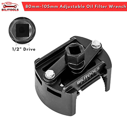 BILITOOLS Universal Adjustable Oil Filter Wrench with Auto-Clamp Spring | 1/2-Inch Drive Removal Tool, Fits 80-105 mm (3.15-4.13 Inch) Engine Filters, Conduit and Fittings - size: 80-105mm