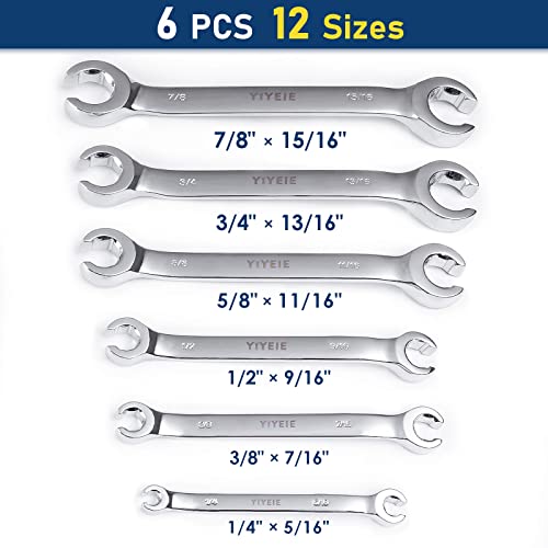 YIYEIE 6 Pc. Flare Nut Wrench Set, SAE 1/4" to 15/16", CR-V Steel, Brake Fuel Line Wrench Set with Roll-up Pouch - color: Sae 6pcs, size: 6-Point