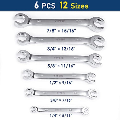 YIYEIE 11-Piece Flare Nut Wrench Set Bunlde, Metric & SAE, 9-21mm & 1/4" to 15/16'', 6 Point Open End, 15° Offset, CR-V Steel, Line Wrenches with Carrying Pouch